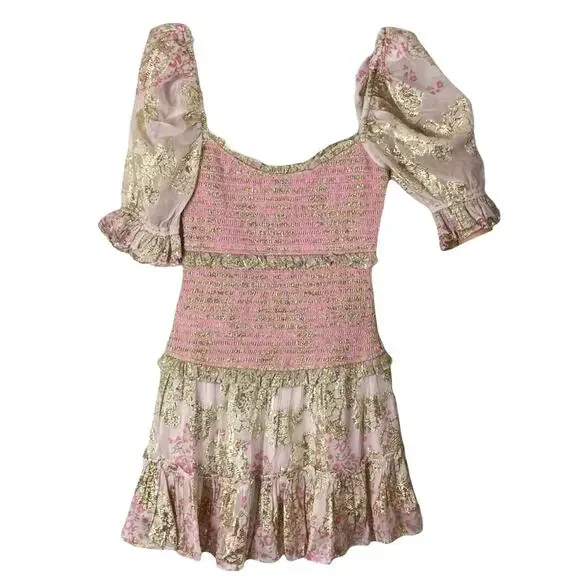 nwot HEMANT NANDITA Dress S Pink Floral Lyrics Tiered Smocked Puff--Sleeve  Mini